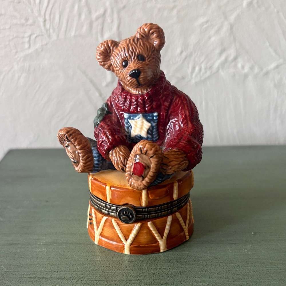 Boyds Bears Red Sweater Bear on Drum Trinket Box